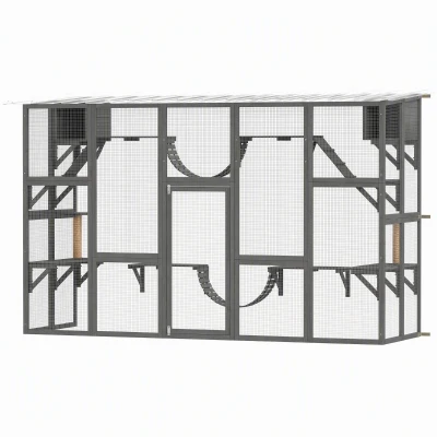 PawHut Large Outdoor Catio with Condos, Platforms, Doors, Ladders, Weather-Resistant Roof, Grey