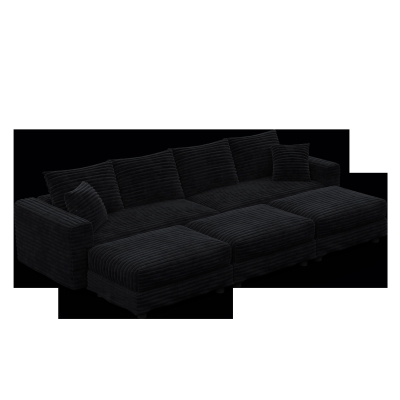 Cozy Corduroy Cloud 4-Seat Sofa with 3 Ottomans, 102.5'' L x 35.5"W x 25.5" H, Black