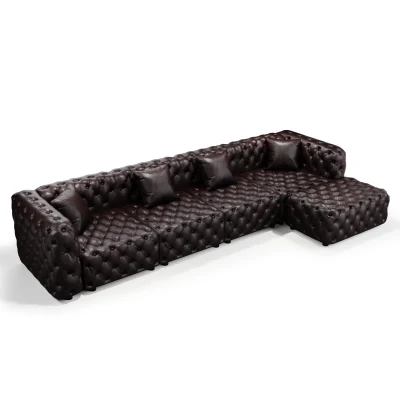 Sleek Faux Leather Sectional Sofa with Button Tufting, 134.5'' L x 36.5"W x 29" H, Dark Brown