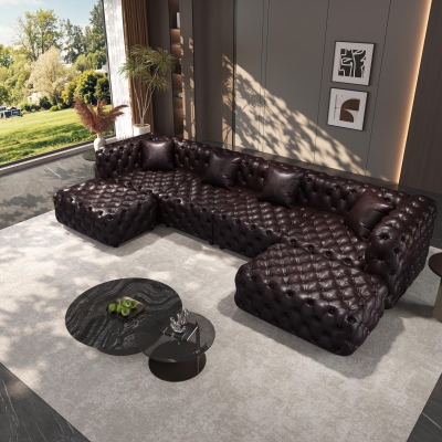 Refined Faux Leather Sectional Sofa with Button Tufting, 134.5'' L x 36.5"W x 29" H, Dark Brown