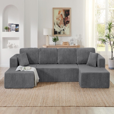 Cozy U-Shaped Sectional with Skin-Friendly Corduroy and Foam, 132.5'' L x 61" W x 25.5" H, Gray