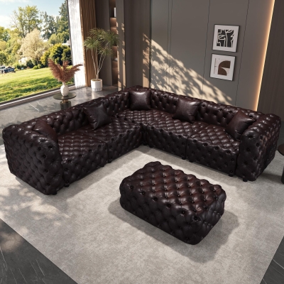Distinctive Faux Leather L-Shaped Sofa with Button Tufting, 132.5'' L x 75"W x 29" H, Dark Brown