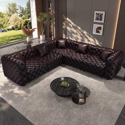 Stately Faux Leather L-Shaped Sofa with Button Tufting, 132.5'' L x 75"W x 29" H, Dark Brown