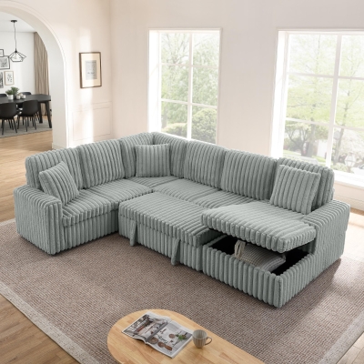 Modern Striped Corduroy U-Shaped Sofa with Pull-Out Bed, 114'' L x 90"W x 37" H, Grey