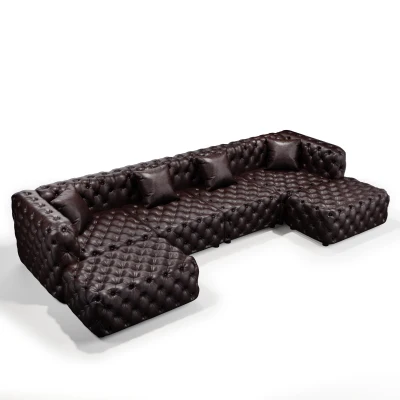 Refined Faux Leather Sectional Sofa with Button Tufting, 134.5'' L x 36.5"W x 29" H, Dark Brown