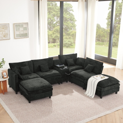 Modern L-Shaped Sectional with Reversible Chaise and USB Port, 137'' L x 58" W x 31" H, Black