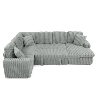 Modern Striped Corduroy U-Shaped Sofa with Pull-Out Bed, 114'' L x 90"W x 37" H, Grey