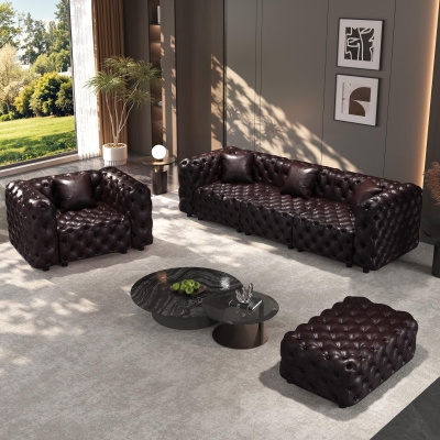 Luxurious Faux Leather Sectional Sofa with Button Tufting, 105.5'' L x 36.5"W x 29" H, Dark Brown