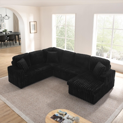 Modern U-Shaped Sectional with Pull-Out Bed and Storage Chaise, 114'' L x 90" W x 37" H, Black