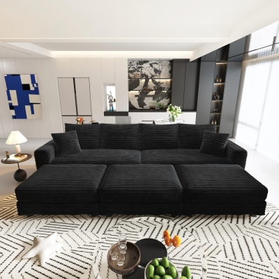 Cozy Corduroy Cloud 4-Seat Sofa with 3 Ottomans, 102.5'' L x 35.5"W x 25.5" H, Black