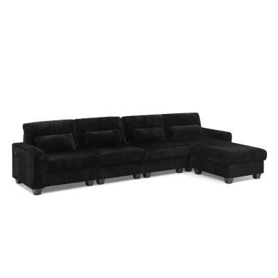 Versatile Corduroy Modular Sectional Sofa with Detachable Footrest, 124.5'' L x 31.5"W x 30" H, Black