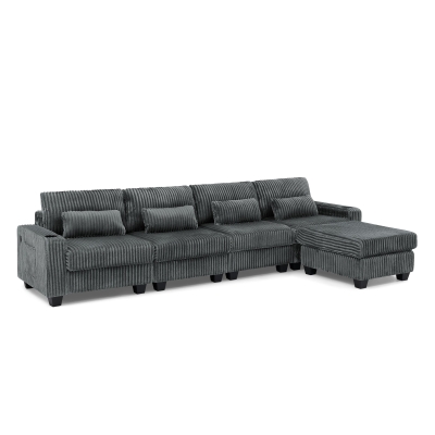 Smart Corduroy Modular Sectional Sofa with Detachable Footrest, 124.5'' L x 31.5"W x 30" H, Dark Gray