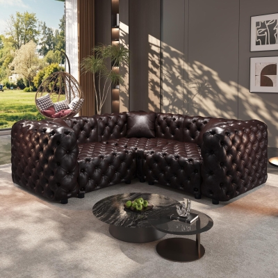 Modern Faux Leather Modular Sofa with Button Tufting and 3 Pillows, 75'' L x 75" W x 29" H, Dark Brown