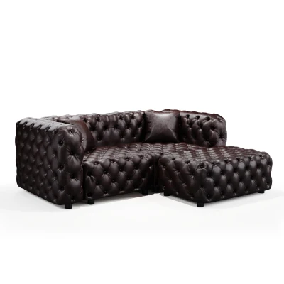 Modern Faux Leather Modular Sofa with Button Tufting and Ottoman, 77'' L x 36.5" W x 29" H, Dark Brown