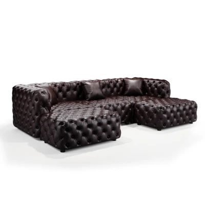 Classic Faux Leather Sectional Sofa with Button Tufting, 105.5'' L x 36.5"W x 29" H, Dark Brown