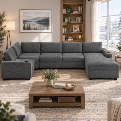 Plush Chenille U-Shaped Sectional Sofa with Cup Holders, Large Deep Seat Couch for Apartment, 117.5'' L x 68'' W x 31'' H, Gray