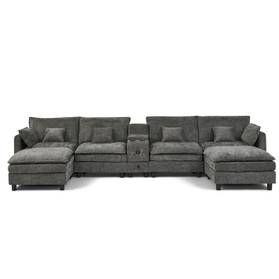 Cozy L-Shaped Sectional with Reversible Chaise and USB Port, 137'' L x 58" W x 31" H, Dark Gray