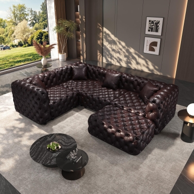 Striking Faux Leather L-Shaped Sofa with Button Tufting, 103.5'' L x 75"W x 29" H, Dark Brow