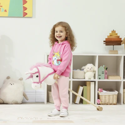 Qaba Plush Stick Horse with Wood Wheels & Pony Sounds, White