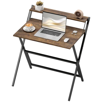 HOMCOM Folding Computer Desk, 32" Foldable Desk with Monitor Shelf for Small Space, Home Office, Easy Assembly, Rustic Brown