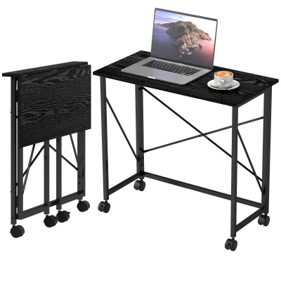 HOMCOM 31.5" Home Office Desk, Folding Desk with Wheels for Small Space, Easy Assembly for Home Office, Black Wood Effect