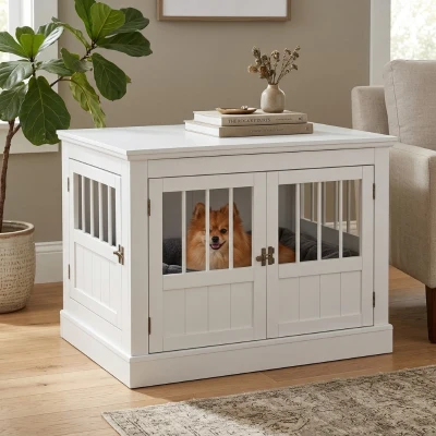 PawHut Wooden Dog Crate End Table, Triple Door, White