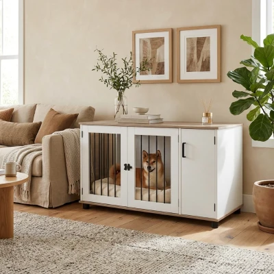 PawHut Dog Crate End Table with Storage, Double Doors