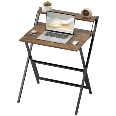 HOMCOM Folding Computer Desk, 27.6" Foldable Desk with Monitor Shelf for Small Space, Home Office, Easy Assembly, Rustic Brown