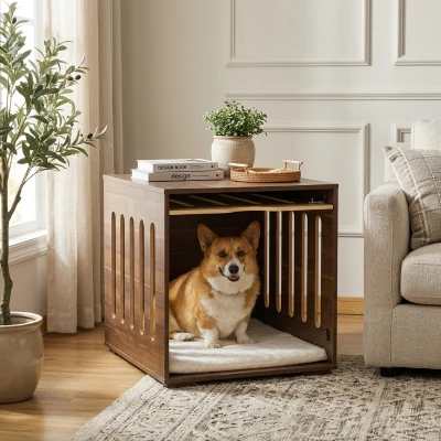 PawHut Dog Crate End Table with Foam Cushion, Brown