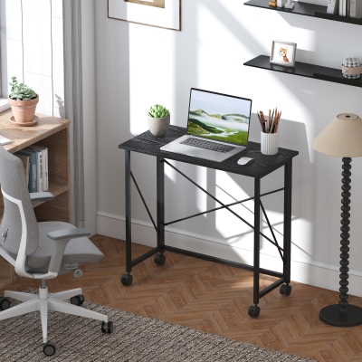 HOMCOM 31.5" Home Office Desk, Folding Desk with Wheels for Small Space, Easy Assembly for Home Office, Black Wood Effect