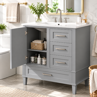 Modern Bathroom Vanity with Sink Combo, Solid Wood Frame, Ample Storage Cabinet with Soft-Close Door, 30" L x 18" W x 34" H, Grey