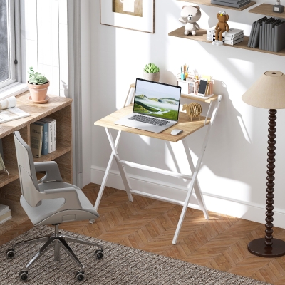 HOMCOM Folding Computer Desk, 27.6" Foldable Desk with Monitor Shelf for Small Space, Home Office, Easy Assembly, Natural Wood