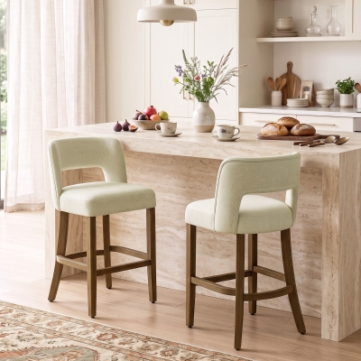 HOMCOM Bar Stools Set of 2, 26" Counter Height Stools with Curved Backrest, Footrest, for Kitchen Island, Dining Room, Beige