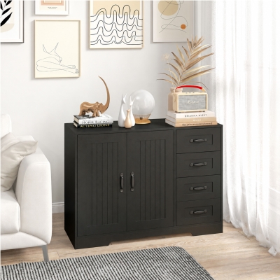 HOMCOM Modern Sideboard Buffet Cabinet with 4 Drawers and 2 Beadboard Doors, Kitchen Storage Cabinet, Black