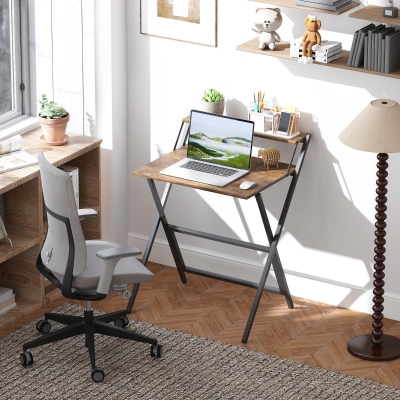HOMCOM Folding Computer Desk, 27.6" Foldable Desk with Monitor Shelf for Small Space, Home Office, Easy Assembly, Rustic Brown