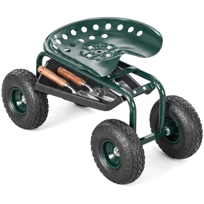 Outsunny Garden Cart Garden Seat on Wheels with Tool Tray, 360° Swivel and Height Adjustable Seat, for Patio and Yard