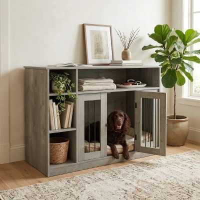 PawHut 47" Dog Crate Furniture with Storage, Gray