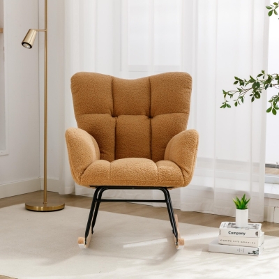 Cozy Teddy Fabric Glider Rocking Chair with Wooden Frame, 31.5'' L x 27.5" W x 37.5" H, Khaki