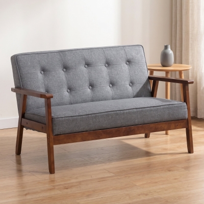 HOMCOM 44.5" 2 Seat Sofa for Bedroom, Modern Upholstered Loveseat with Button Tufted Back and Wood Legs, Grey