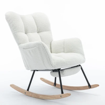 Plush Teddy Fabric Rocking Chair with Adjustable Footstool, 37-49'' L x 26"W x 35-36" H, Ivory
