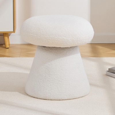 Cozy Teddy Fabric Mushroom Ottoman with 360-Degree Swivel, 6'' L x 16"W x 17.5" H, White