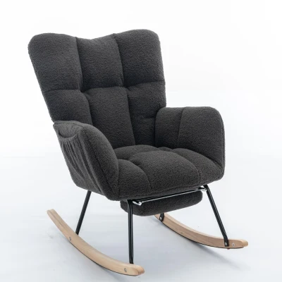 Soft Teddy Fabric Rocking Chair with Adjustable Footrest, 37-49'' L x 26"W x 35-36" H, Dark Gray