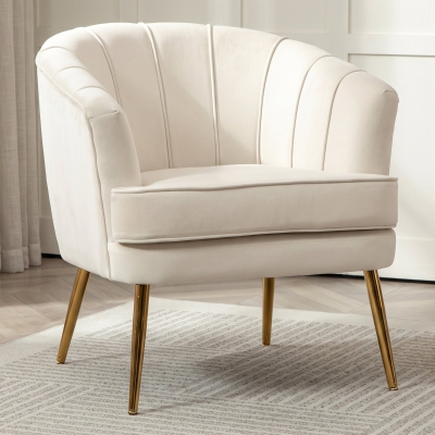 HOMCOM Fabric Armchair, Modern Accent Chair with Gold Metal Legs for Living Room, Bedroom, Home Office, Cream White