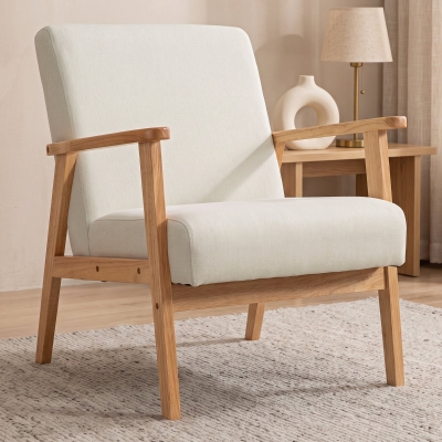 HOMCOM Mid-Century Modern Accent Chair Retro Fabric Armchair Wooden Arm Upholstered Lounge Chair for Living Room Cream White