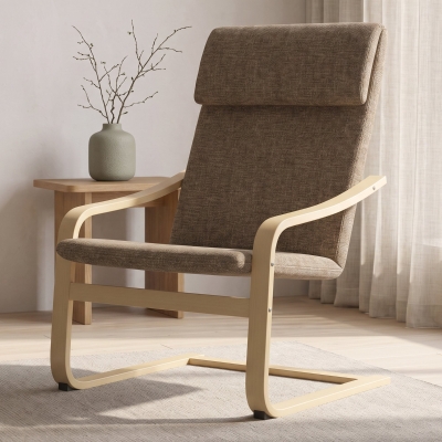 HOMCOM Modern Accent Chair, Linen-Feel Upholstered Living Room Chair with Wood Curved Legs for Balcony, Dark Brown