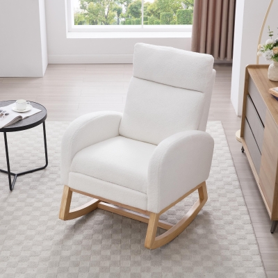 Cozy Teddy Fabric Rocking Chair with Adjustable Footstool, 35-49'' L x 27.5"W x 40-41.5" H, White