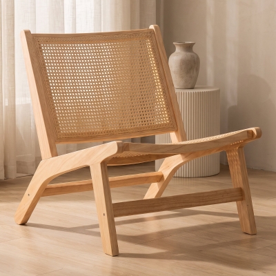 HOMCOM Rattan Accent Chair, Mid-Century Leisure Chair with Rubber Wood Frame, for Bedroom Living Room, Natural