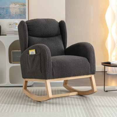 Elegant Teddy Fabric Rocking Chair with Ergonomic Backrest and Plush Filling, 38'' L x 28" W x 40" H, Dark Gray