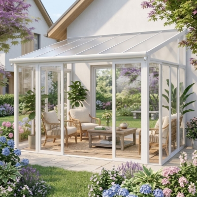 Weatherproof Sunroom Kit with 3 Lockable Sliding Doors, Enclosed Patio Cover with Aluminium Alloy Frame, 168.5'' L x 115'' W x 123'' H, White