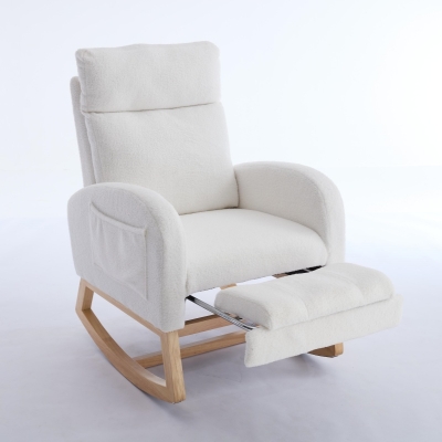 Cozy Teddy Fabric Rocking Chair with Adjustable Footstool, 35-49'' L x 27.5"W x 40-41.5" H, White